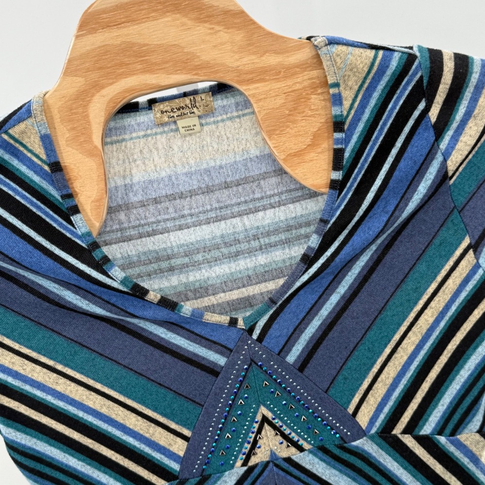 One World Striped Dress Embellished V-Neck 3/4 Sleeve baby doll Knit Top Size L